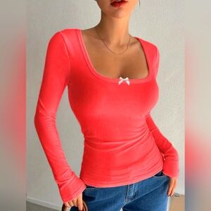 Watermelon Round Neck Long Sleeve Fitted Top